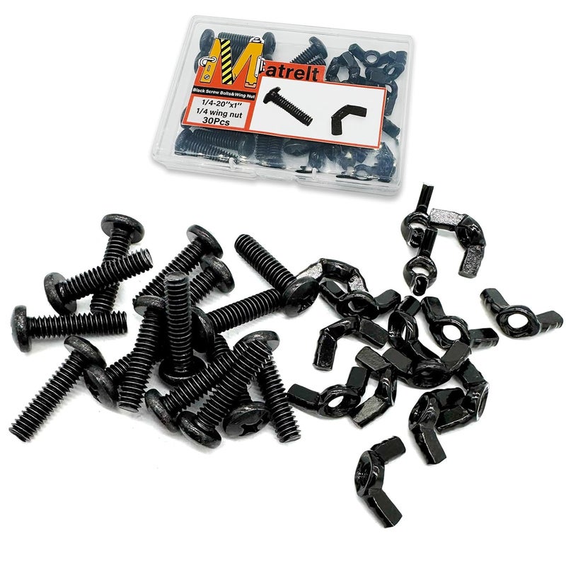 Matrelt 30 Pack Black 1/4"-20 x1 Screw Bolts and Wing Nut Kit 15pcs Machine Screws with Round Head Phillips 15pcs Butterfly Hand Twist Tighten Nut Zinc Plated Hardware Fitting Fastenings Assortment Kit - Image 5